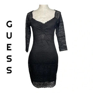 Guess Black Lace sweetheart neckline 3/4 length sleeve mid length dress size‎ M